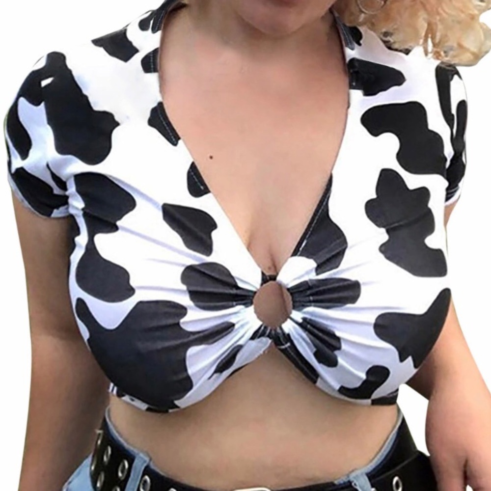 Black & White Short Sleeved Cow Print Crop Top